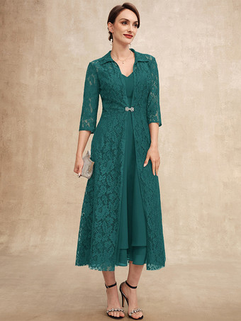 シアン花嫁の母親のためのパーティードレス Vネック ハーフスリーブ Aライン レース ティーレングス ゲストドレス 結婚式用