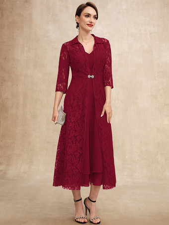 バーガンディー花嫁の母親のためのパーティードレス Vネック ハーフスリーブ Aライン レース ティーレングス ゲストドレス 結婚式用