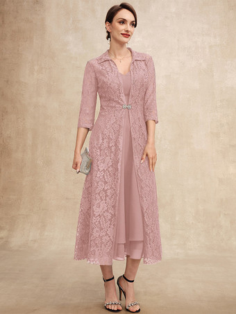 サーモンピンク花嫁の母親のためのパーティードレス Vネック ハーフスリーブ Aライン レース ティーレングス ゲストドレス 結婚式用