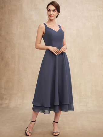 花嫁の母親のためのパーティードレス Vネック ハーフスリーブ Aライン レース ティーレングス ゲストドレス 結婚式用