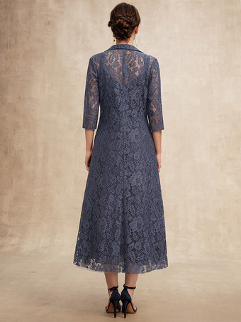 花嫁の母親のためのパーティードレス Vネック ハーフスリーブ Aライン レース ティーレングス ゲストドレス 結婚式用