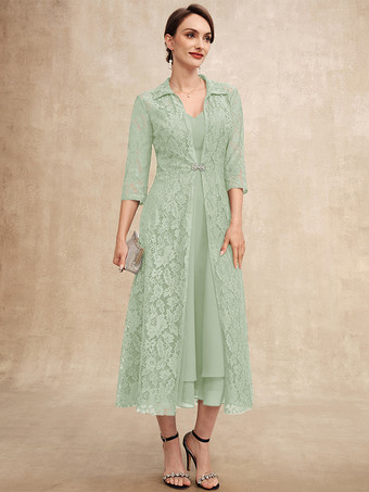 セージグリーン花嫁の母親のためのパーティードレス Vネック ハーフスリーブ Aライン レース ティーレングス ゲストドレス 結婚式用