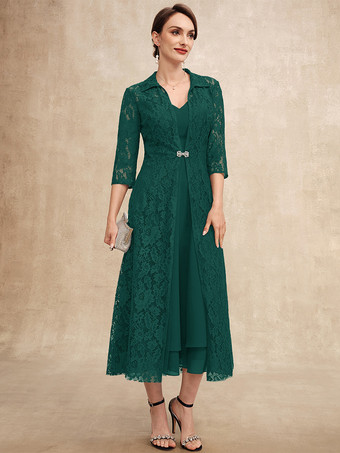 ダークグリーン花嫁の母親のためのパーティードレス Vネック ハーフスリーブ Aライン レース ティーレングス ゲストドレス 結婚式用