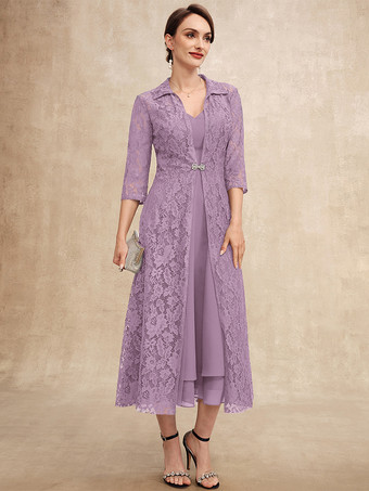 ライラック花嫁の母親のためのパーティードレス Vネック ハーフスリーブ Aライン レース ティーレングス ゲストドレス 結婚式用