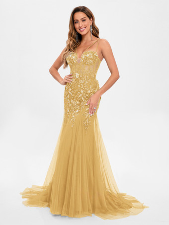 イエロープロムドレス チュール ストラップレス マーメイド ノースリーブ スパンコール パーティードレス