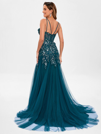 プロムドレス チュール ストラップレス マーメイド ノースリーブ スパンコール パーティードレス