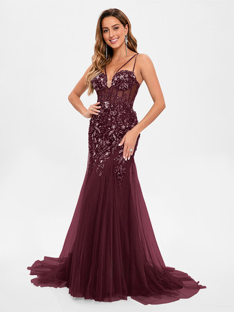 マルーンプロムドレス チュール ストラップレス マーメイド ノースリーブ スパンコール パーティードレス