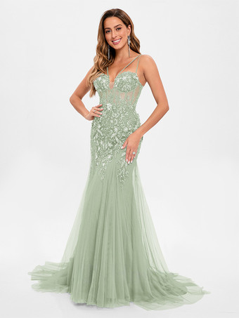 パステルグリーンプロムドレス チュール ストラップレス マーメイド ノースリーブ スパンコール パーティードレス