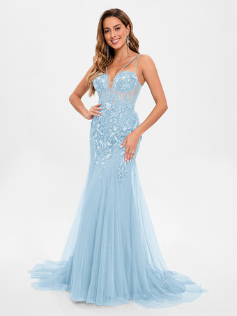 ベビーブループロムドレス チュール ストラップレス マーメイド ノースリーブ スパンコール パーティードレス