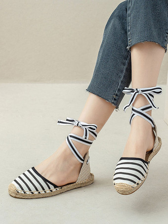 レディース フラット エスパドリーユ レースアップ ラウンドトゥ キャンバス バレエ フラット