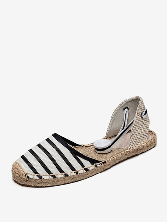ホワイト＋ブラックレディース フラット エスパドリーユ レースアップ ラウンドトゥ キャンバス バレエ フラット