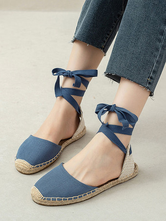 レディース フラット エスパドリーユ レースアップ ラウンドトゥ キャンバス バレエ フラット