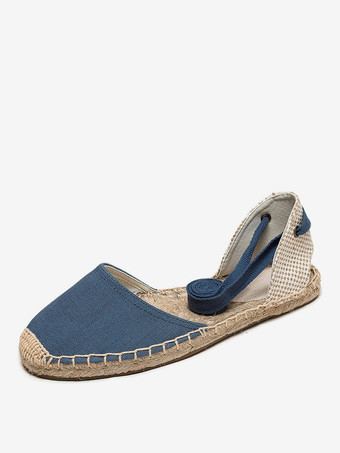 ブルー レディース フラット エスパドリーユ レースアップ ラウンドトゥ キャンバス バレエ フラット