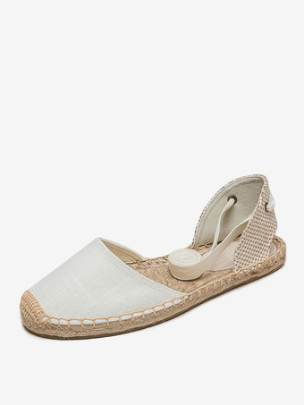 ホワイト レディース フラット エスパドリーユ レースアップ ラウンドトゥ キャンバス バレエ フラット