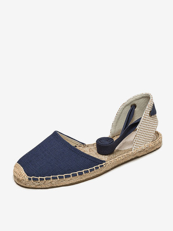 ディープブルーレディース フラット エスパドリーユ レースアップ ラウンドトゥ キャンバス バレエ フラット