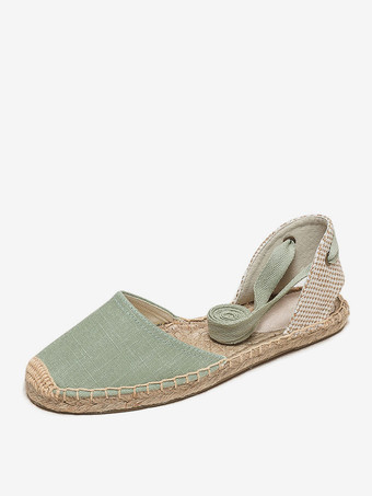 ライトグリーン レディース フラット エスパドリーユ レースアップ ラウンドトゥ キャンバス バレエ フラット