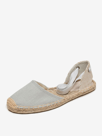ライトグレー レディース フラット エスパドリーユ レースアップ ラウンドトゥ キャンバス バレエ フラット