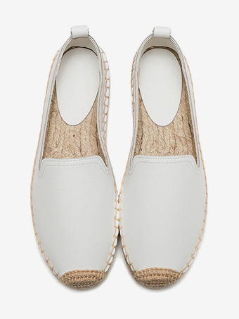 レディース ホワイト エスパドリーユ ラウンドトゥ レザー スリッポン
