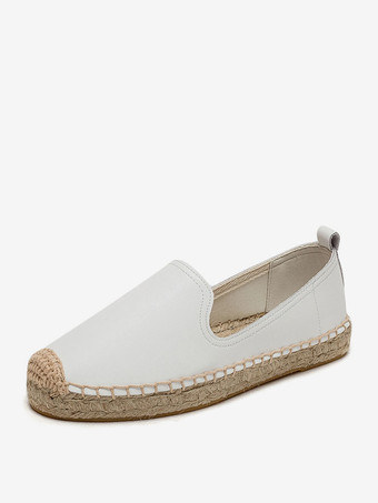 ホワイト レディース ホワイト エスパドリーユ ラウンドトゥ レザー スリッポン