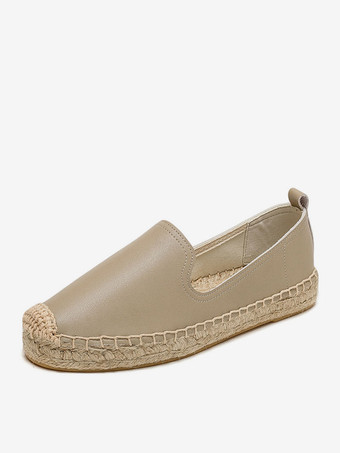 グレイレディース ホワイト エスパドリーユ ラウンドトゥ レザー スリッポン