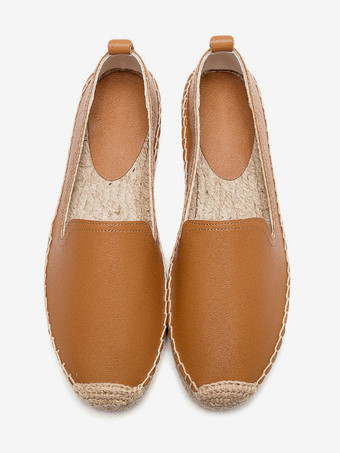 レディース ホワイト エスパドリーユ ラウンドトゥ レザー スリッポン