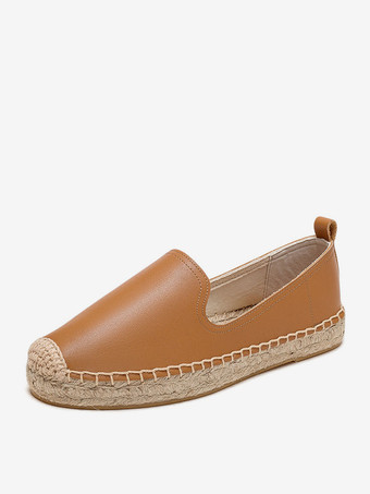 ブラウン レディース ホワイト エスパドリーユ ラウンドトゥ レザー スリッポン