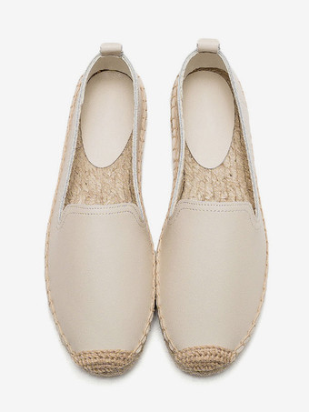 レディース ホワイト エスパドリーユ ラウンドトゥ レザー スリッポン
