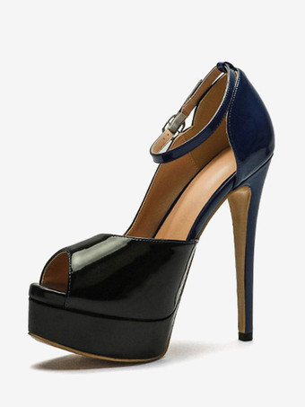 ブラック プラットフォーム パンプス レディース ピープトゥ プラットフォーム アンクル ストラップ パンプス