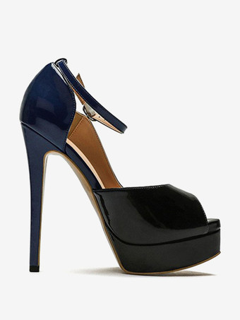 ブラック プラットフォーム パンプス レディース ピープトゥ プラットフォーム アンクル ストラップ パンプス