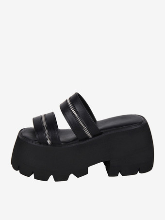 ゴシックロリータサンダル ブラック メタルディテール メタリックPUレザー ピープトゥ ロリータ サマーシューズ