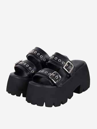 ゴシックロリータサンダル ブラック メタルディテール メタリックPUレザー ピープトゥ ロリータ サマーシューズ