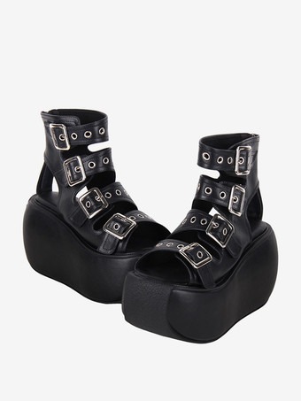 ブラック スチームパンク ロリータ サンダル ブラック グロメット メタリック PU レザー ピープトゥ ロリータ サマーシューズ