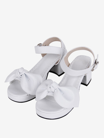 ホワイト ゴシック ロリータ サンダル リボン オープントゥ リボン PUレザー ブラック ロリータ サマーシューズ