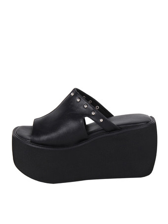 ゴシックロリータサンダル リベット オープントゥ 花柄 PUレザー ブラック ロリータ サマーシューズ