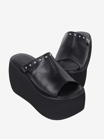 ゴシックロリータサンダル リベット オープントゥ 花柄 PUレザー ブラック ロリータ サマーシューズ