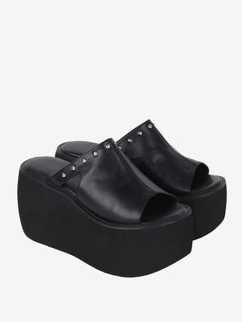 ゴシックロリータサンダル リベット オープントゥ 花柄 PUレザー ブラック ロリータ サマーシューズ