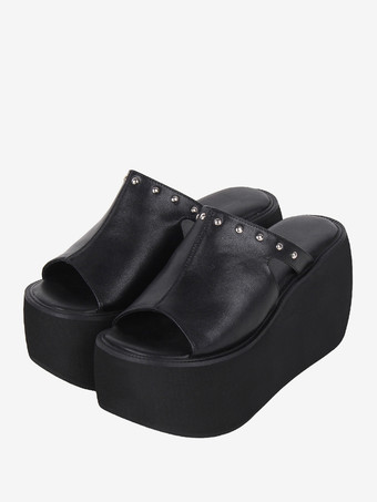 ブラック ゴシックロリータサンダル リベット オープントゥ 花柄 PUレザー ブラック ロリータ サマーシューズ