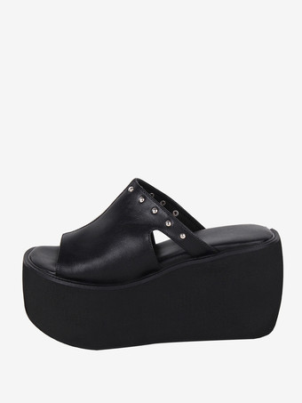 ゴシックロリータサンダル リベット オープントゥ 花柄 PUレザー ブラック ロリータ サマーシューズ