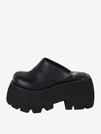 ゴシックロリータサンダル ブラックリベット 花柄 PUレザー オープントゥ ロリータ サマーシューズ