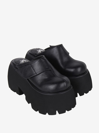 ブラック ゴシックロリータサンダル ブラックリベット 花柄 PUレザー オープントゥ ロリータ サマーシューズ