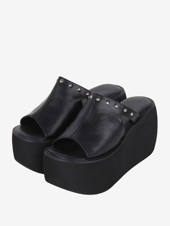 ブラック ゴシックロリータサンダル リベット オープントゥ 花柄 PUレザー ブラック ロリータ サマーシューズ