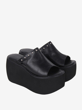 ゴシックロリータサンダル リベット オープントゥ 花柄 PUレザー ブラック ロリータ サマーシューズ