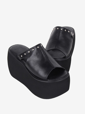 ゴシックロリータサンダル リベット オープントゥ 花柄 PUレザー ブラック ロリータ サマーシューズ