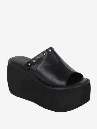 ゴシックロリータサンダル リベット オープントゥ 花柄 PUレザー ブラック ロリータ サマーシューズ