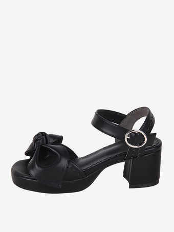 ブラック ゴシック ロリータ サンダル リボン オープントゥ リボン PUレザー ブラック ロリータ サマーシューズ