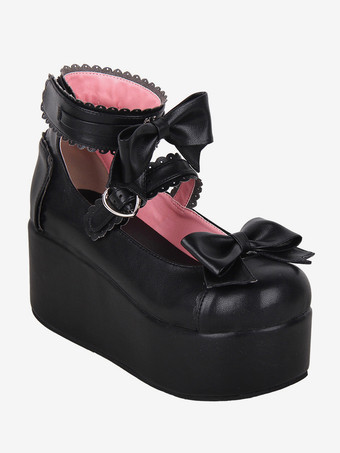 スイートロリータサンダル バタフライ ラウンドトゥ バタフライ柄 PUレザー ブラック ロリータ サマーシューズ