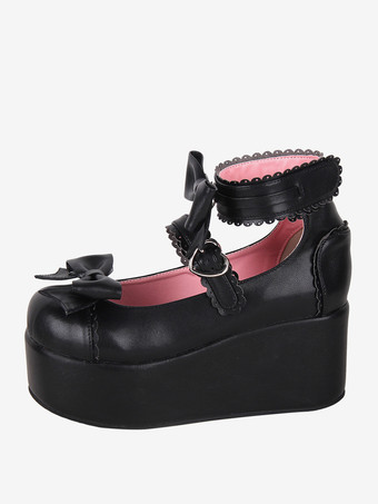 スイートロリータサンダル バタフライ ラウンドトゥ バタフライ柄 PUレザー ブラック ロリータ サマーシューズ