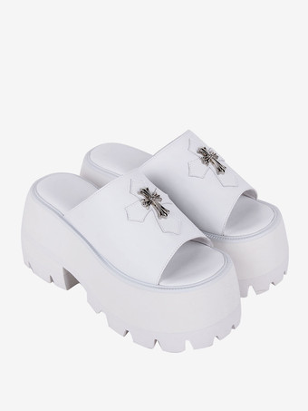 ゴシック ロリータ サンダル メタルディテール ピープトゥ クロス PU レザー ブラック ロリータ サマーシューズ