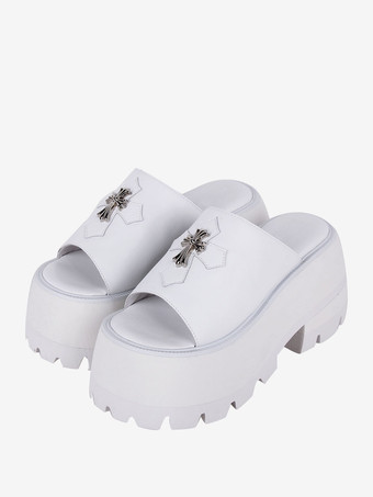 ホワイト ゴシック ロリータ サンダル メタルディテール ピープトゥ クロス PU レザー ブラック ロリータ サマーシューズ