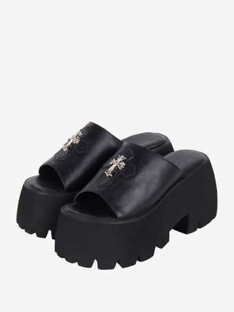 ゴシック ロリータ サンダル メタルディテール ピープトゥ クロス PU レザー ブラック ロリータ サマーシューズ